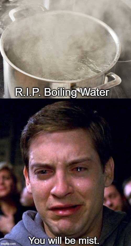 Boiling Water Joke | R.I.P. Boiling Water; You will be mist. | image tagged in crying peter parker,funny | made w/ Imgflip meme maker