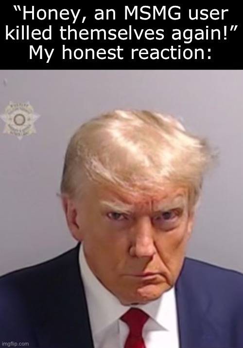 Donald Trump Mugshot | “Honey, an MSMG user killed themselves again!”
My honest reaction: | image tagged in donald trump mugshot | made w/ Imgflip meme maker