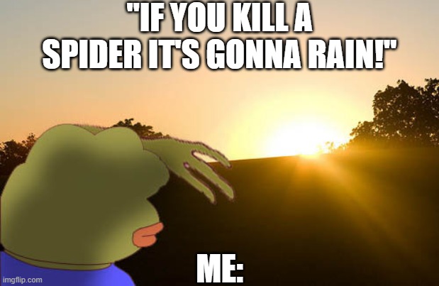 "Run!!" | "IF YOU KILL A SPIDER IT'S GONNA RAIN!"; ME: | image tagged in bright sun pepe,funny,fun,funny memes,funny meme,relatable memes | made w/ Imgflip meme maker