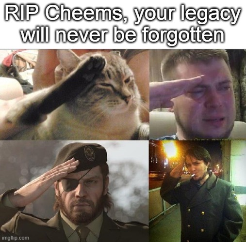 we shall miss you | RIP Cheems, your legacy will never be forgotten | image tagged in ozon's salute,rip cheems | made w/ Imgflip meme maker