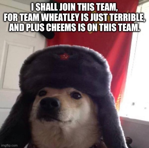 Russian Doge | I SHALL JOIN THIS TEAM, FOR TEAM WHEATLEY IS JUST TERRIBLE, AND PLUS CHEEMS IS ON THIS TEAM. | image tagged in russian doge | made w/ Imgflip meme maker