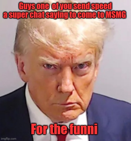 Trump mugshot | Guys one  of you send speed a super chat saying to come to MSMG; For the funni | image tagged in trump mugshot | made w/ Imgflip meme maker