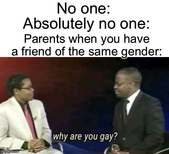 Like, NO, MOM | No one:; Absolutely no one:; Parents when you have a friend of the same gender: | image tagged in blank white template,why are you gay | made w/ Imgflip meme maker