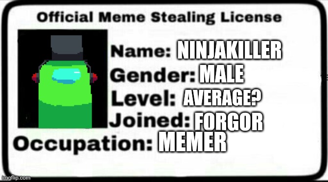 Meme Stealing License | NINJAKILLER; MALE; AVERAGE? FORGOR; MEMER | image tagged in meme stealing license | made w/ Imgflip meme maker