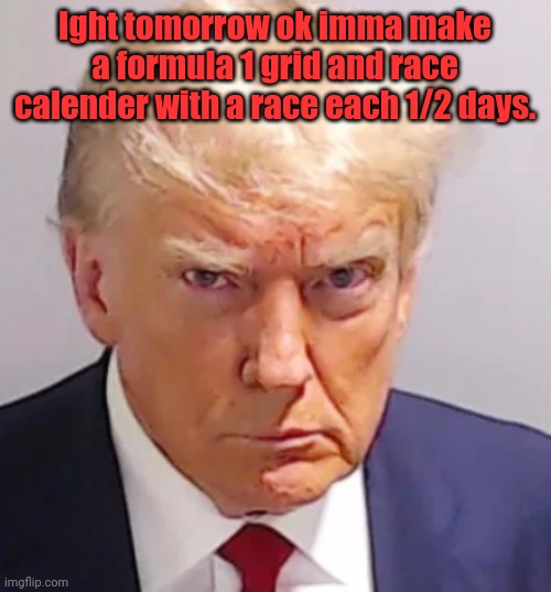 Theres 20 spots and 10 reserve drivers | Ight tomorrow ok imma make a formula 1 grid and race calender with a race each 1/2 days. | image tagged in trump mugshot | made w/ Imgflip meme maker