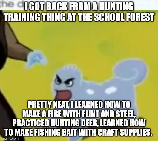 And I also learned how to do other stuff that will help me when the downfall of society happens. | I GOT BACK FROM A HUNTING TRAINING THING AT THE SCHOOL FOREST; PRETTY NEAT, I LEARNED HOW TO MAKE A FIRE WITH FLINT AND STEEL, PRACTICED HUNTING DEER, LEARNED HOW TO MAKE FISHING BAIT WITH CRAFT SUPPLIES. | made w/ Imgflip meme maker