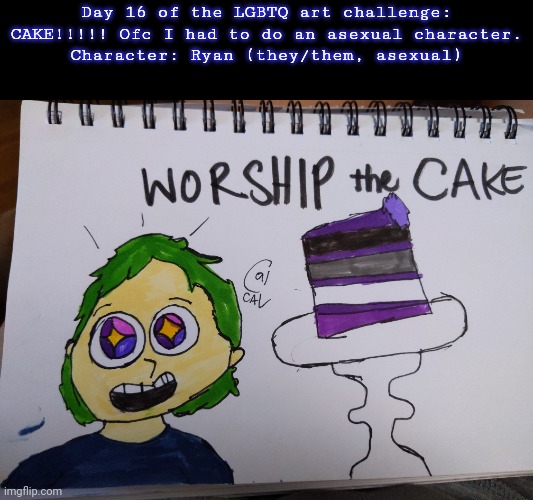 Gaaaaaaaaaay | Day 16 of the LGBTQ art challenge: CAKE!!!!! Ofc I had to do an asexual character.
Character: Ryan (they/them, asexual) | image tagged in drawings,challenge | made w/ Imgflip meme maker