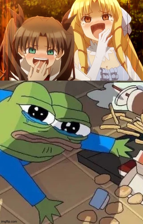 Aryan mascot Pepe not doing so well | image tagged in anime girls laughing at the aryan mascot pepe | made w/ Imgflip meme maker