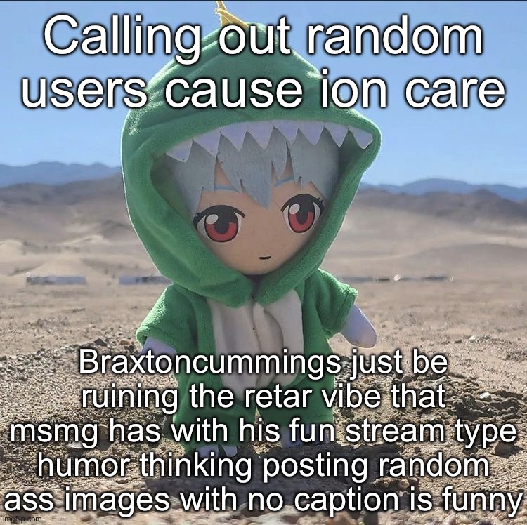 Rei | Calling out random users cause ion care; Braxtoncummings just be ruining the retar vibe that msmg has with his fun stream type humor thinking posting random ass images with no caption is funny | image tagged in rei | made w/ Imgflip meme maker