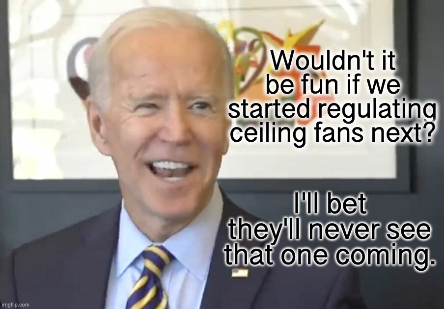 As part of the Inflation Intensifying Act, the Biden administration is going after gas stoves, dishwashers and ceiling fans. | Wouldn't it be fun if we started regulating ceiling fans next? I'll bet they'll never see that one coming. | image tagged in the great reset,ban all private possessions,enact the most insane laws possible | made w/ Imgflip meme maker