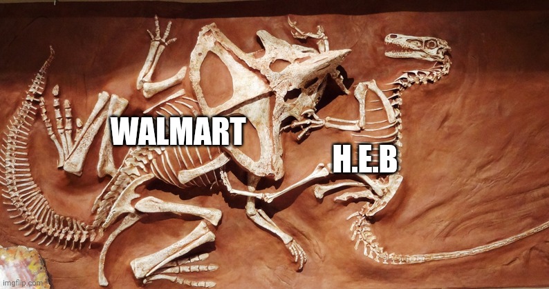 Walmart vs H.E.B | H.E.B; WALMART | image tagged in velociraptor vs protoceratops | made w/ Imgflip meme maker