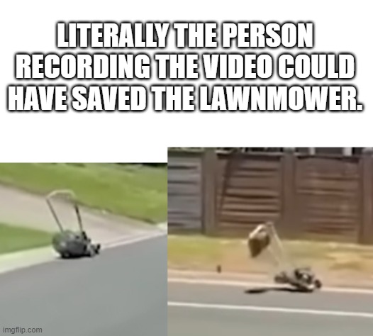 As soon as I saw This Video this is what I Thought..... | LITERALLY THE PERSON RECORDING THE VIDEO COULD HAVE SAVED THE LAWNMOWER. | image tagged in funny,pov,reaction | made w/ Imgflip meme maker