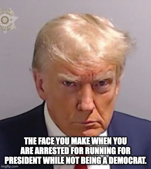 Yeah, I'd be pissed also. | THE FACE YOU MAKE WHEN YOU ARE ARRESTED FOR RUNNING FOR PRESIDENT WHILE NOT BEING A DEMOCRAT. | image tagged in trump mug shot,racketeering charges,the weaponization of the doj | made w/ Imgflip meme maker