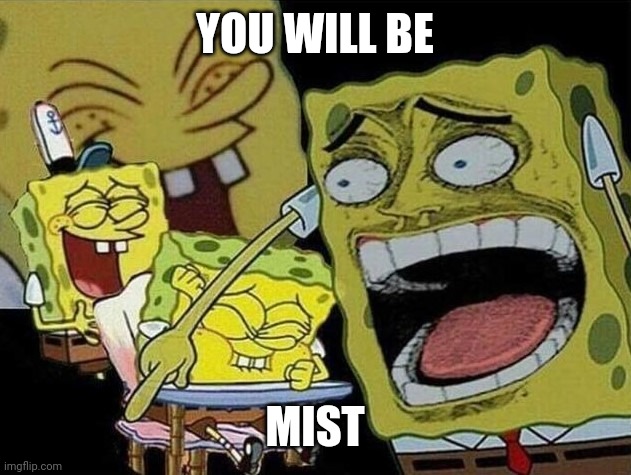 Spongebob laughing Hysterically | YOU WILL BE MIST | image tagged in spongebob laughing hysterically | made w/ Imgflip meme maker