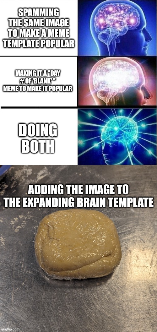 I don't even know why I uploaded that template, but it's paying off now. | SPAMMING THE SAME IMAGE TO MAKE A MEME TEMPLATE POPULAR; MAKING IT A "DAY # OF 'BLANK' " MEME TO MAKE IT POPULAR; DOING BOTH; ADDING THE IMAGE TO THE EXPANDING BRAIN TEMPLATE | image tagged in expanding brain 3 panels,pasta dough idk | made w/ Imgflip meme maker