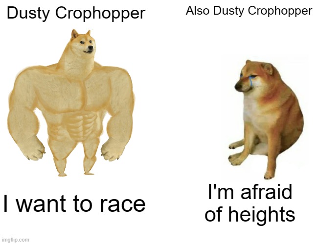 Buff Doge vs. Cheems | Dusty Crophopper; Also Dusty Crophopper; I want to race; I'm afraid of heights | image tagged in memes,buff doge vs cheems | made w/ Imgflip meme maker