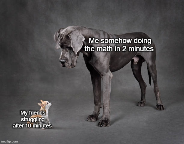 small dog big dog | Me somehow doing the math in 2 minutes; My friends struggling after 10 minutes | image tagged in small dog big dog | made w/ Imgflip meme maker