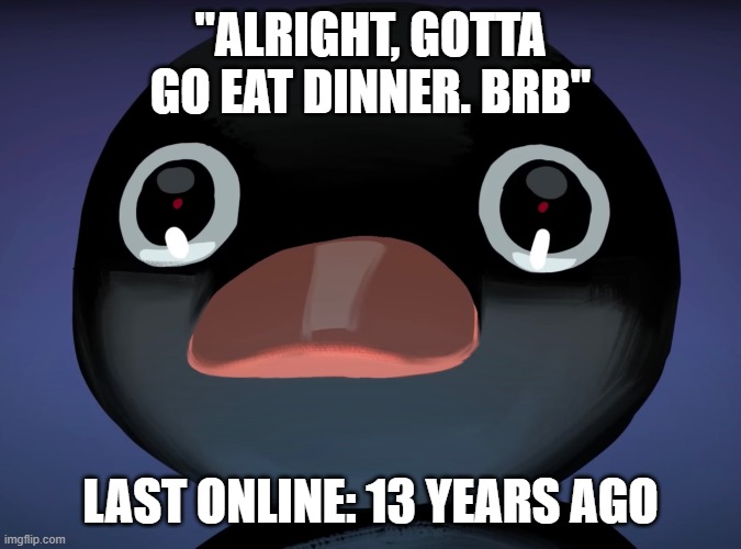 Pingu stare | "ALRIGHT, GOTTA GO EAT DINNER. BRB" LAST ONLINE: 13 YEARS AGO | image tagged in pingu stare | made w/ Imgflip meme maker