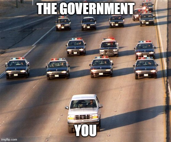 The Government | THE GOVERNMENT; YOU | image tagged in oj simpson police chase,the government | made w/ Imgflip meme maker