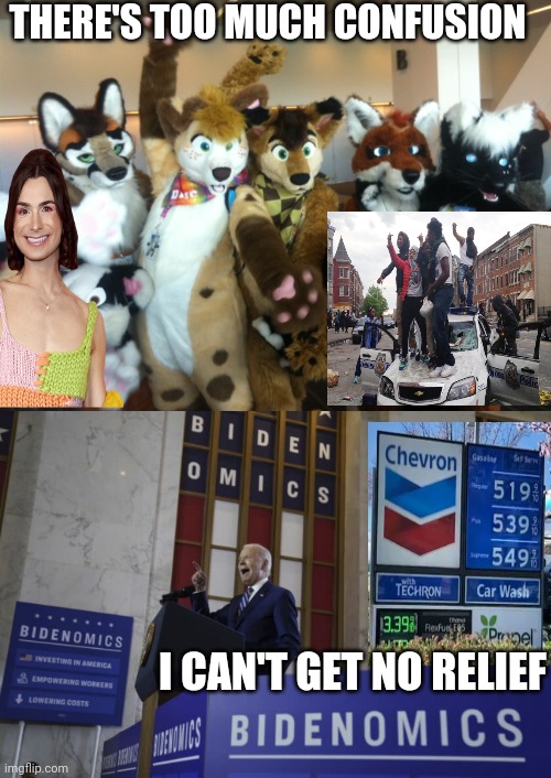 THERE'S TOO MUCH CONFUSION I CAN'T GET NO RELIEF | image tagged in furries,bidenomics | made w/ Imgflip meme maker