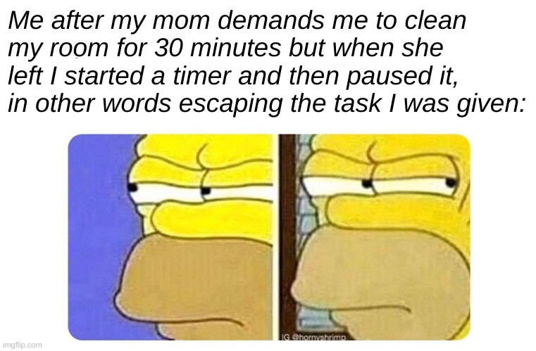 True story! | Me after my mom demands me to clean my room for 30 minutes but when she left I started a timer and then paused it, in other words escaping the task I was given: | image tagged in homer simpson suspicious,meme competition,chore memes | made w/ Imgflip meme maker