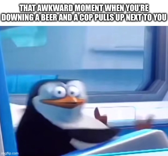 Well frick | THAT AWKWARD MOMENT WHEN YOU’RE DOWNING A BEER AND A COP PULLS UP NEXT TO YOU | image tagged in uh oh | made w/ Imgflip meme maker