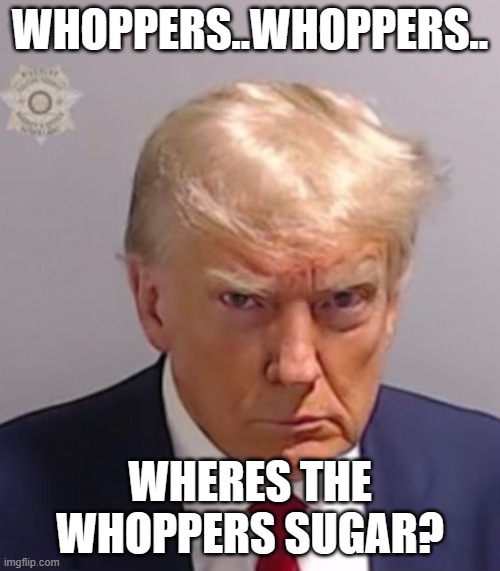 Donald Trump Mugshot | WHOPPERS..WHOPPERS.. WHERES THE WHOPPERS SUGAR? | image tagged in donald trump mugshot | made w/ Imgflip meme maker