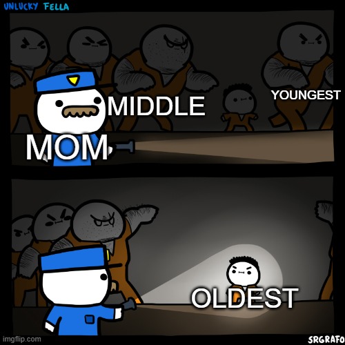 TRUE | YOUNGEST; MIDDLE; MOM; OLDEST | image tagged in flashlight pointed at child | made w/ Imgflip meme maker