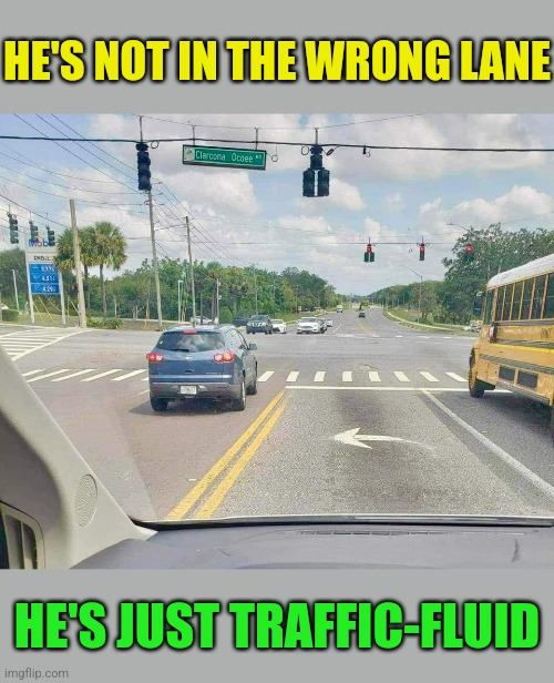 Don't be a bigot driver | HE'S NOT IN THE WRONG LANE; HE'S JUST TRAFFIC-FLUID | image tagged in bad drivers,traffic,gender identity,something s wrong | made w/ Imgflip meme maker