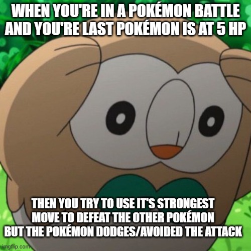 happen to anyone? | WHEN YOU'RE IN A POKÉMON BATTLE AND YOU'RE LAST POKÉMON IS AT 5 HP; THEN YOU TRY TO USE IT'S STRONGEST MOVE TO DEFEAT THE OTHER POKÉMON BUT THE POKÉMON DODGES/AVOIDED THE ATTACK | image tagged in rowlet meme template | made w/ Imgflip meme maker