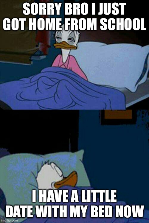 Now if you’ll excuse me…*throws myself onto bed and snores loudly* | SORRY BRO I JUST GOT HOME FROM SCHOOL; I HAVE A LITTLE DATE WITH MY BED NOW | image tagged in sleepy donald duck in bed | made w/ Imgflip meme maker