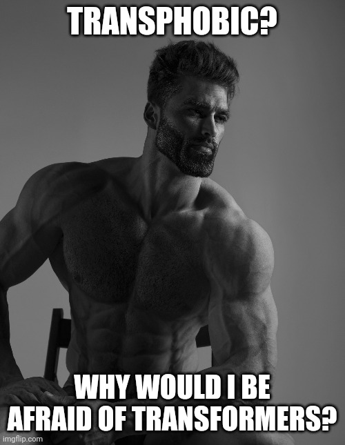 Giga Chad | TRANSPHOBIC? WHY WOULD I BE AFRAID OF TRANSFORMERS? | image tagged in giga chad | made w/ Imgflip meme maker