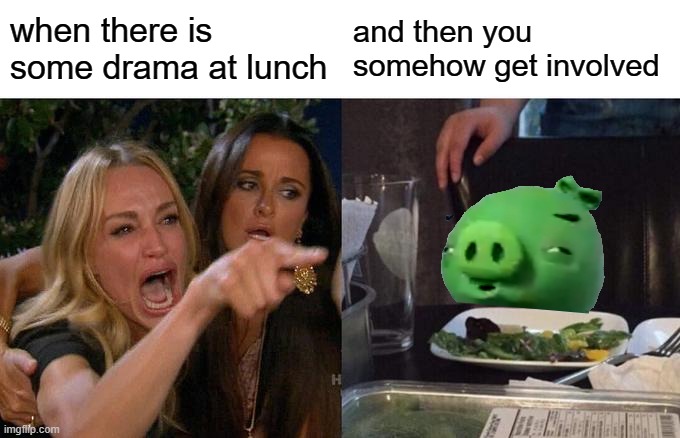 has this happend before? | when there is some drama at lunch; and then you somehow get involved | image tagged in memes,woman yelling at cat | made w/ Imgflip meme maker