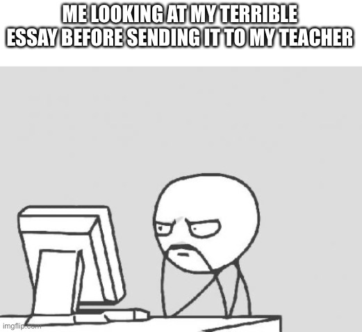 Computer Guy | ME LOOKING AT MY TERRIBLE ESSAY BEFORE SENDING IT TO MY TEACHER | image tagged in memes,computer guy | made w/ Imgflip meme maker