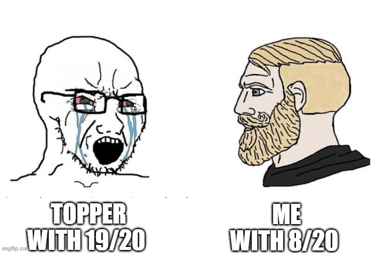 Soyboy Vs Yes Chad | ME WITH 8/20; TOPPER WITH 19/20 | image tagged in soyboy vs yes chad | made w/ Imgflip meme maker