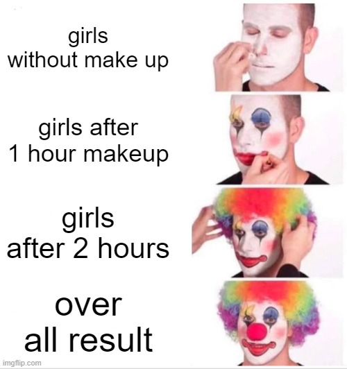 Clown Applying Makeup Meme | girls without make up; girls after 1 hour makeup; girls after 2 hours; over all result | image tagged in memes,clown applying makeup | made w/ Imgflip meme maker