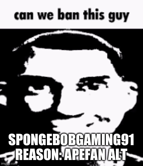 Can we ban this guy | SPONGEBOBGAMING91
REASON: APEFAN ALT | image tagged in can we ban this guy | made w/ Imgflip meme maker