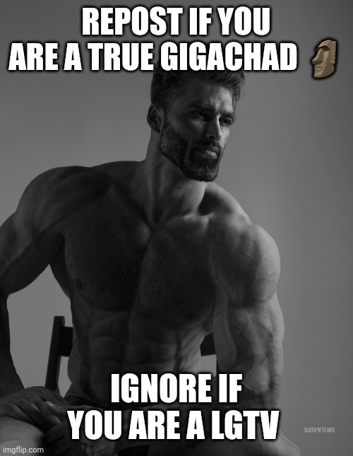 Giga Chad | REPOST IF YOU ARE A TRUE GIGACHAD 🗿; IGNORE IF YOU ARE A LGTV | image tagged in giga chad | made w/ Imgflip meme maker