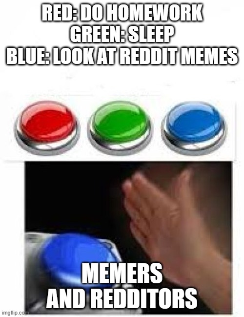 Red Green Blue Buttons | RED: DO HOMEWORK
GREEN: SLEEP
BLUE: LOOK AT REDDIT MEMES; MEMERS AND REDDITORS | image tagged in red green blue buttons | made w/ Imgflip meme maker