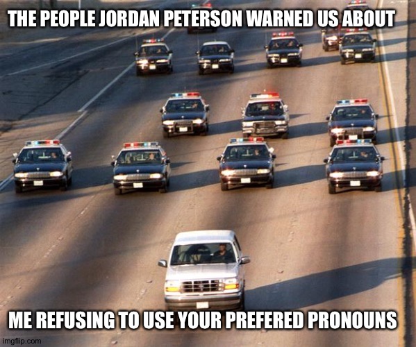 Respektieren Sie Meine Pronomen! | THE PEOPLE JORDAN PETERSON WARNED US ABOUT; ME REFUSING TO USE YOUR PREFERED PRONOUNS | image tagged in oj simpson police chase | made w/ Imgflip meme maker
