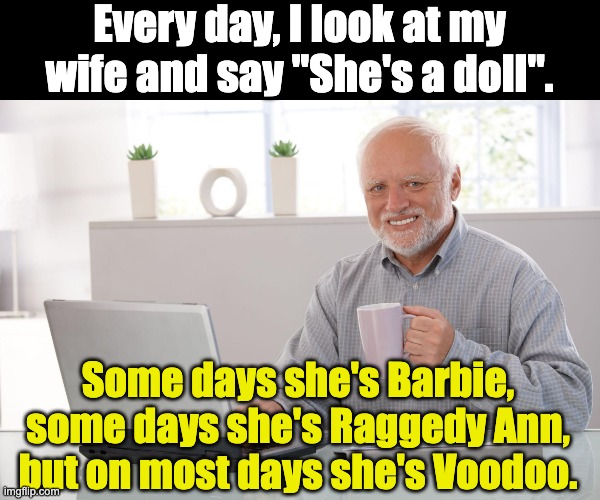 Old married Dad joke | Every day, I look at my wife and say "She's a doll". Some days she's Barbie, some days she's Raggedy Ann, but on most days she's Voodoo. | image tagged in old man using computer | made w/ Imgflip meme maker