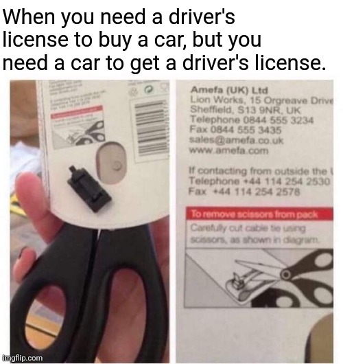 Catch 22 | When you need a driver's license to buy a car, but you need a car to get a driver's license. | image tagged in need,scissors,open,package,wtf | made w/ Imgflip meme maker