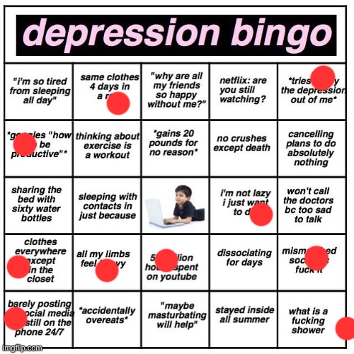 :| | image tagged in depression bingo | made w/ Imgflip meme maker