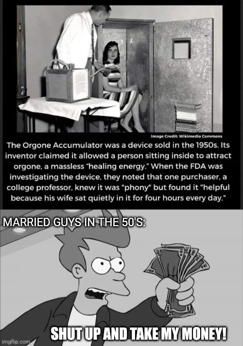 Silencer to Silence-her | MARRIED GUYS IN THE 50'S:; SHUT UP AND TAKE MY MONEY! | image tagged in futurama fry shut up and take my money grayscale,fake,inventions,1950's,quiet,wife | made w/ Imgflip meme maker