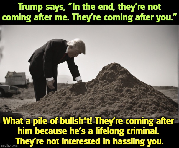 Trump says, "In the end, they’re not coming after me. They’re coming after you."; What a pile of bullsh*t! They're coming after 
him because he's a lifelong criminal. 
They're not interested in hassling you. | image tagged in trump,criminal,forever,you,safe | made w/ Imgflip meme maker