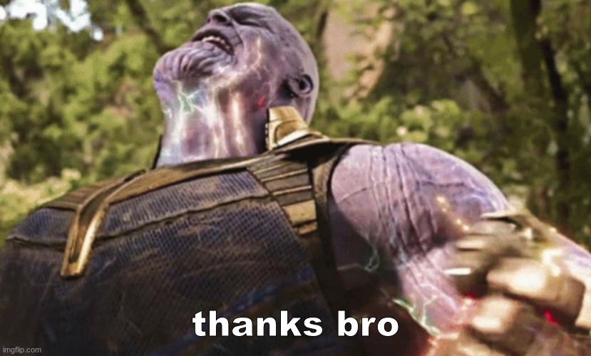 Thanos power | thanks bro | image tagged in thanos power | made w/ Imgflip meme maker