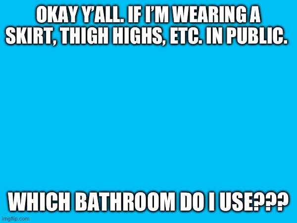 OKAY Y’ALL. IF I’M WEARING A SKIRT, THIGH HIGHS, ETC. IN PUBLIC. WHICH BATHROOM DO I USE??? | made w/ Imgflip meme maker