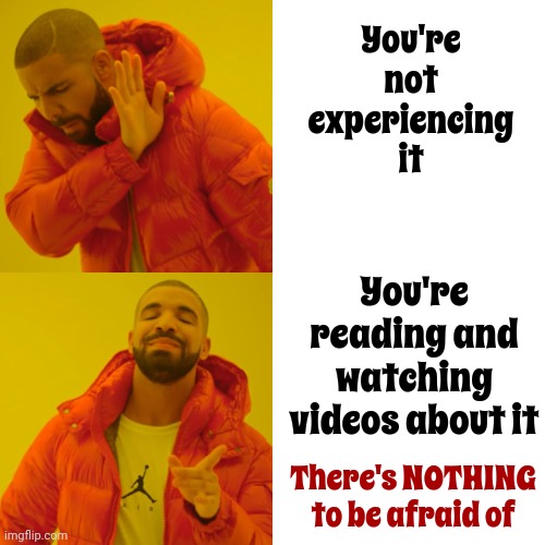 Life Is Worth Experiencing | You're not experiencing it; You're reading and watching videos about it; There's NOTHING to be afraid of | image tagged in memes,drake hotline bling,nothing to fear,fear,courage,it's okay | made w/ Imgflip meme maker