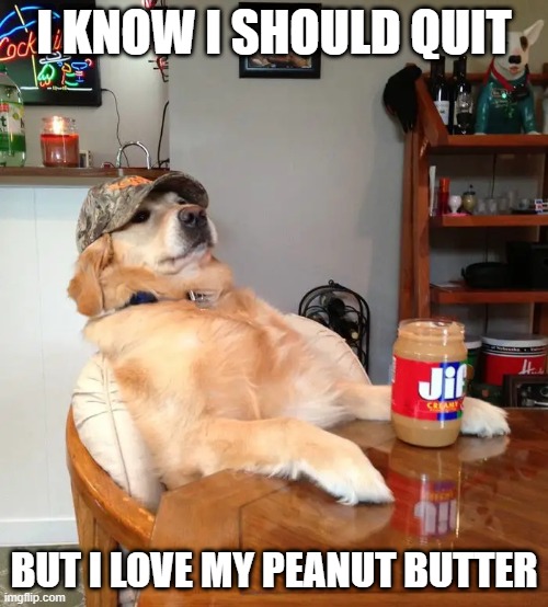 Dog Addiction | I KNOW I SHOULD QUIT; BUT I LOVE MY PEANUT BUTTER | image tagged in funny dog | made w/ Imgflip meme maker