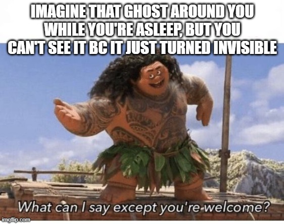 always watching, can't be watched. | IMAGINE THAT GHOST AROUND YOU WHILE YOU'RE ASLEEP, BUT YOU CAN'T SEE IT BC IT JUST TURNED INVISIBLE | image tagged in what can i say except you're welcome | made w/ Imgflip meme maker